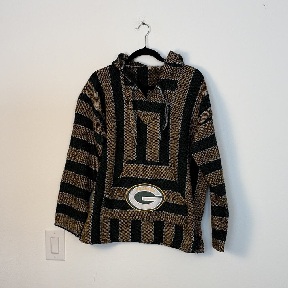Packers Striped Pullover Knit Hoodie Green Gold White V-Neck Unisex S Cotton